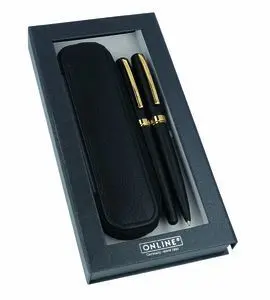 Boligrafo y Pluma Eleganza Negro y Dorado + Estuch