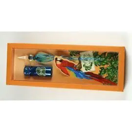 Set Pluma Vidrio Decorada + Tinta 10Cc Loros Naran