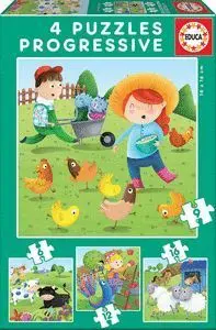 Animales Granja 4 Puzzles Progresivos 6,9,12,16 Piezas