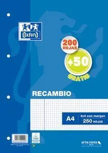 Recambio A4 Cuadro 4Mm 200H+50H con Margen Azul