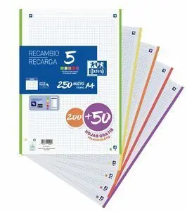 Recambio A4 200+50H Paquete Cuadro 5Mm 5 Colores B