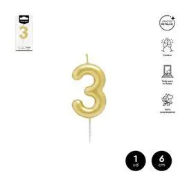 Vela Cera Numero 3 Oro 6 cm