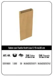 Sobre Kraft S 15+6X30 Natural Liso Paquete 25 uds