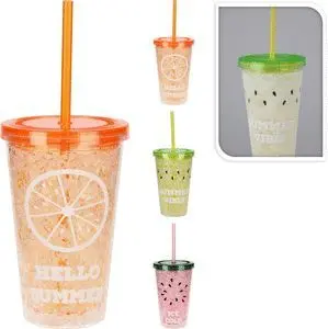 Vaso con Tapa y Pajita Fruta Surtidos