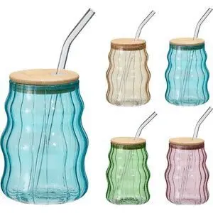 Vaso con Tapa Bambu 500Ml Tapa Bambu Colores Surti