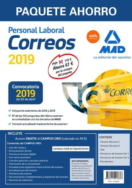 Paquete Ahorro Personal Laboral Correos. Ahorro de 67 ? (Incluye Temarios 1 y 2;