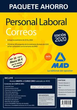 Paquete Ahorro Personal Laboral Correos 2020. Ahorra 65  (Incluye Temarios 1 y