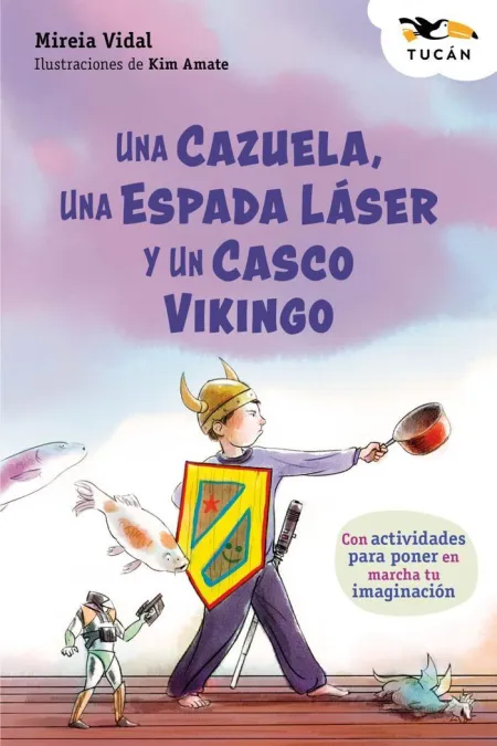 Una Cazuela una Espada Laser y un Casco Vikingo