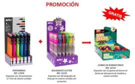 LOTE APLI PORTAMINAS+BOLIGRAFO GLITTER+REGALO GOMA