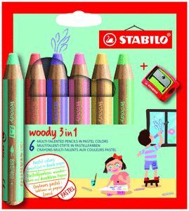 LAPIZ STABILO WOODY 3 EN 1 PASTEL 6 COLORES + SACA