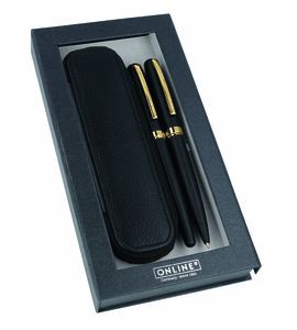 BOLIGRAFO Y PLUMA ELEGANZA NEGRO Y DORADO + ESTUCH