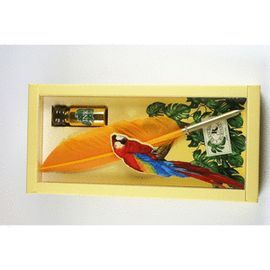 SET PLUMA MADERA DECORADA PUNTA METAL + TINTA 10CC