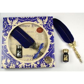 SET PLUMA MARIPOSA NIQUEL AZUL + TINTA CAJA DECORA