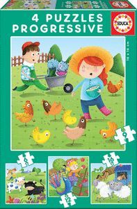 ANIMALES GRANJA 4 PUZZLES PROGRESIVOS 6,9,12,16 PIEZAS