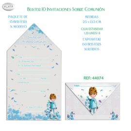 BLISTER 10 INVITACIONES SOBRE COMUNION NIÑO HOJAS