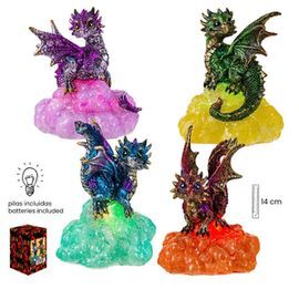DRAGON SOBRE ROCA DE COLORES CON LUZ 14 CM SURTIDO
