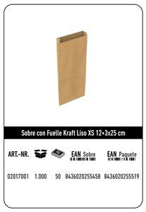 SOBRE KRAFT XS 12+3X25 NATURAL LISO PAQUETE 25 UDS