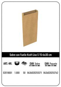 SOBRE KRAFT S 15+6X30 NATURAL LISO PAQUETE 25 UDS