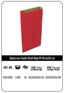 SOBRE KRAFT M 20+6X35 ROJO PAQUETE 25 UDS