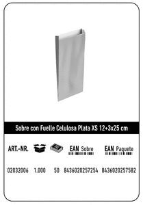 SOBRE CELULOSA XS 12+3X25 PLATA PAQUETE 25 UDS