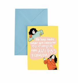 TARJETA FELICITACION A6 CON SOBRE AMIGOS Y COMIDA