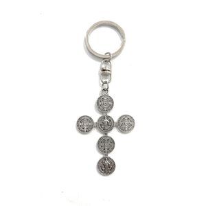 LLAVERO METAL SAN BENITO CRUZ BAÑO PLATA 55MM