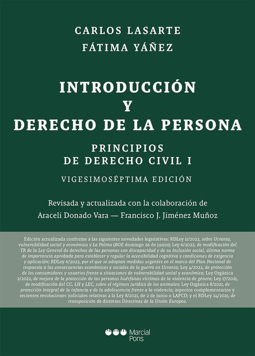PRINCIPIOS DE DERECHO CIVIL I: INTRODUCCION Y DERECHO DE LA PERSONA
