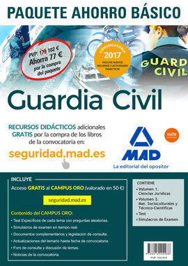 PAQUETE AHORRO BÁSICO GUARDIA CIVIL 2017 AHORRO DE 77 ?. (INCLUYE TEMARIOS 1 Y 2